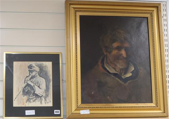 J.E. 87, oil on canvas, Portrait of a gentleman, 52 x 41cm and a watercolour of a flute player signed Muin